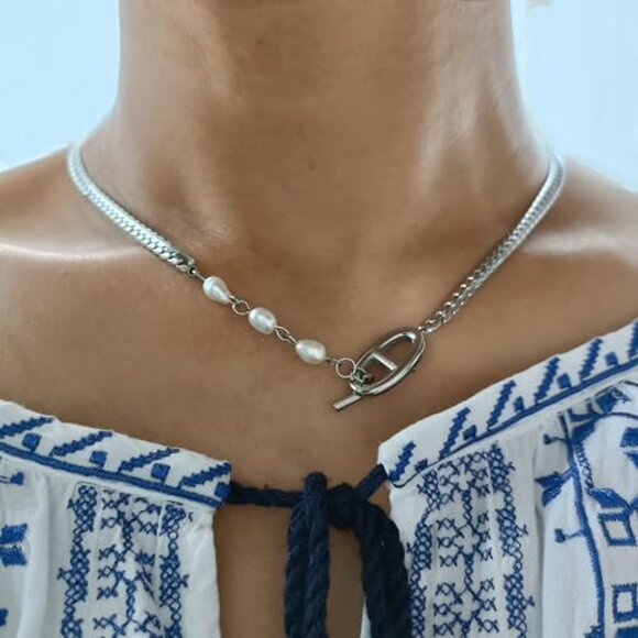 Freshwater Pearl Necklace Double D Toggle Clasp Elegant Minimal Chic - Picture 4 of 8